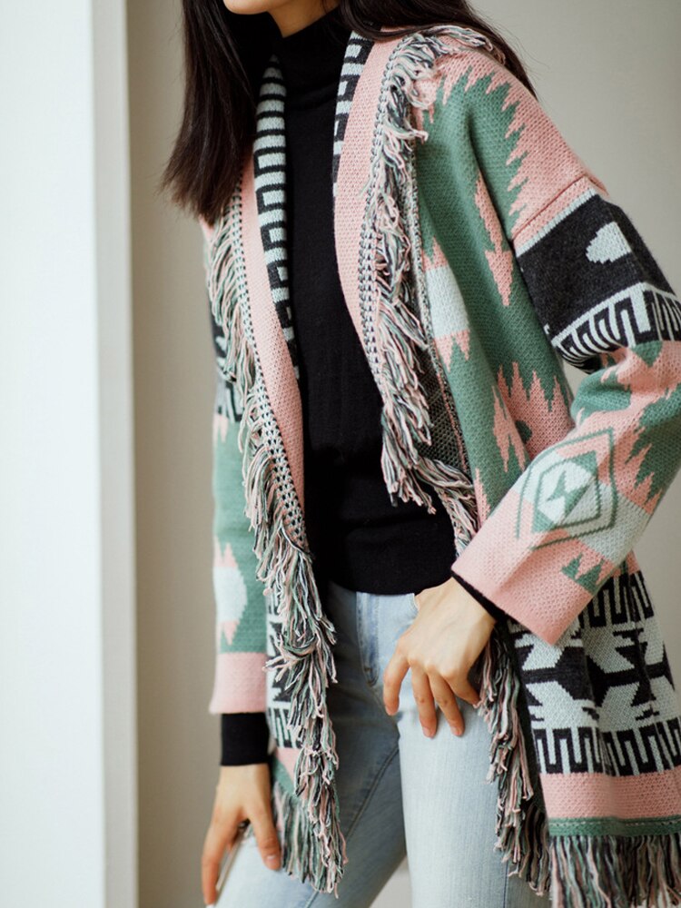 WQJGR Autumn Winter Cardigan Sweater Women Wool Kniited Tassel Colorful Print Loose Full Sleeve Fashion High Quality - KAISERINC