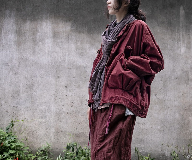 Artistic large pocket drawstring lace up short windbreaker High density cotton casual short jacket - KAISERINC