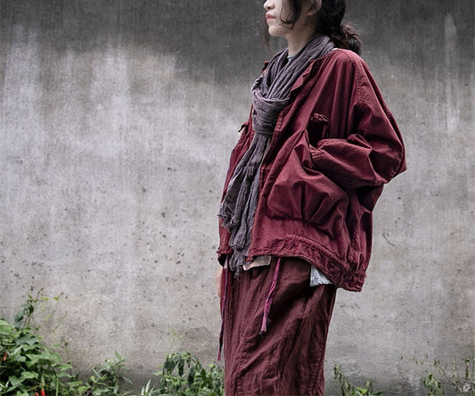 Artistic large pocket drawstring lace up short windbreaker High density cotton casual short jacket - KAISERINC