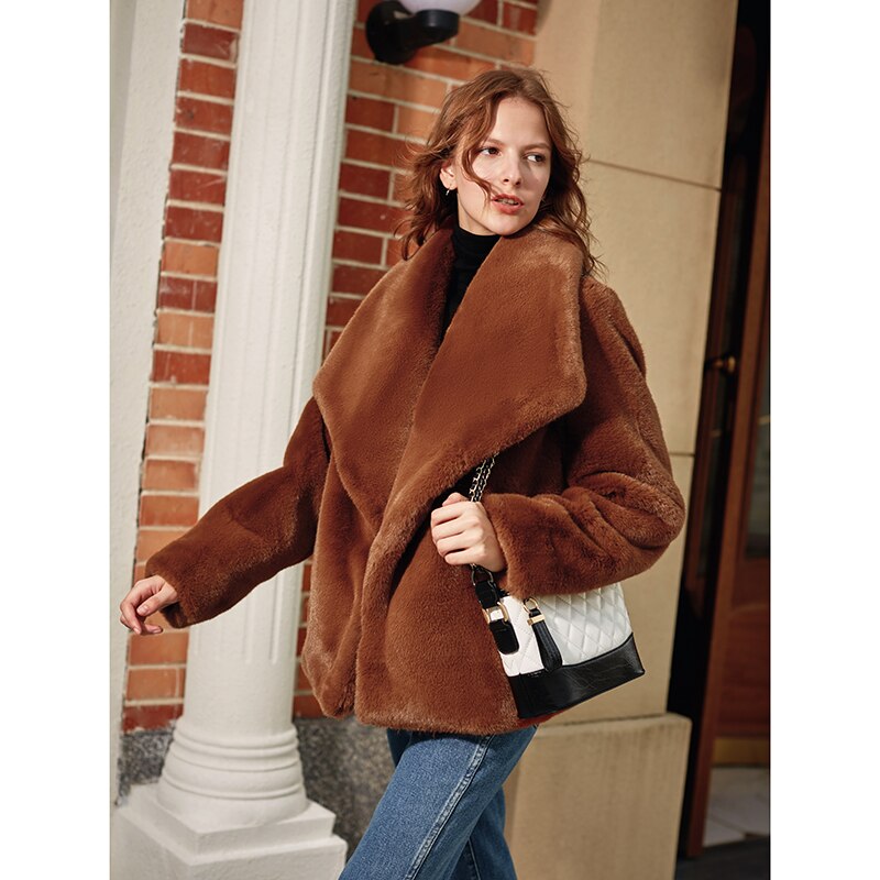 Caramel Fashionable Large Lapel Fur Coat Women's Autumn And Winter Thickened Short Coat - KAISERINC