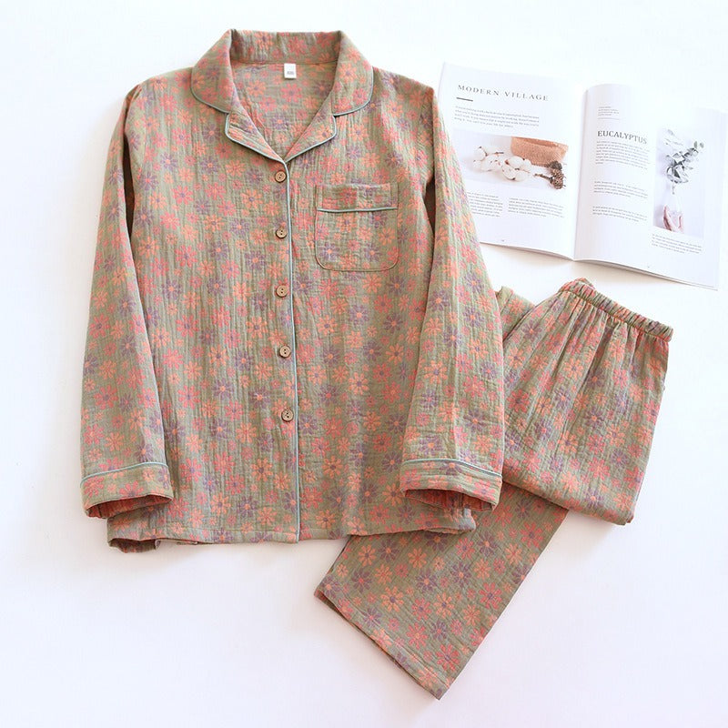 spring and summer women's pajamas suit long-sleeved trousers two-piece 100% cotton crepe flower leaves home clothes - KAISERINC