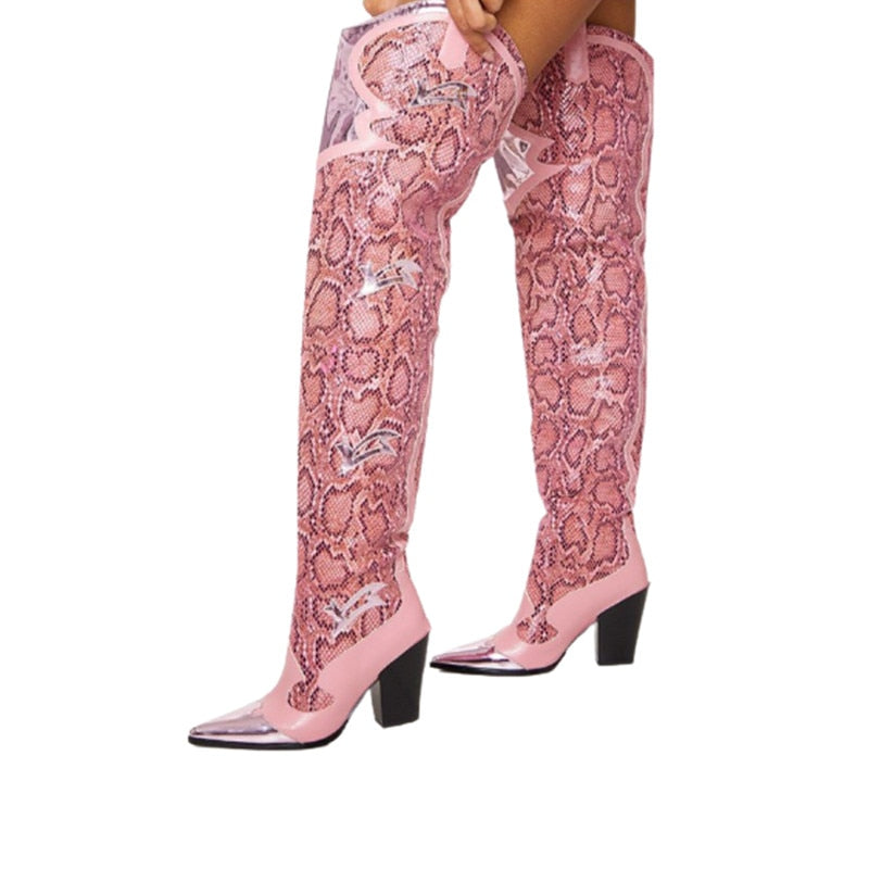 Women's Over-the-knee Boots Winter Pointed Toe Crude Heel Slip-on Botas Mujer Fashion Pink Snake Skin Hand-made Sexy Shoes - KAISERINC