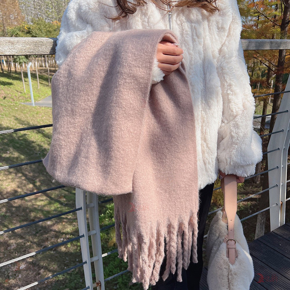 Mohair solid color scarf for women winter warm scarf macaron color thick braid tassel shawl - KAISERINC