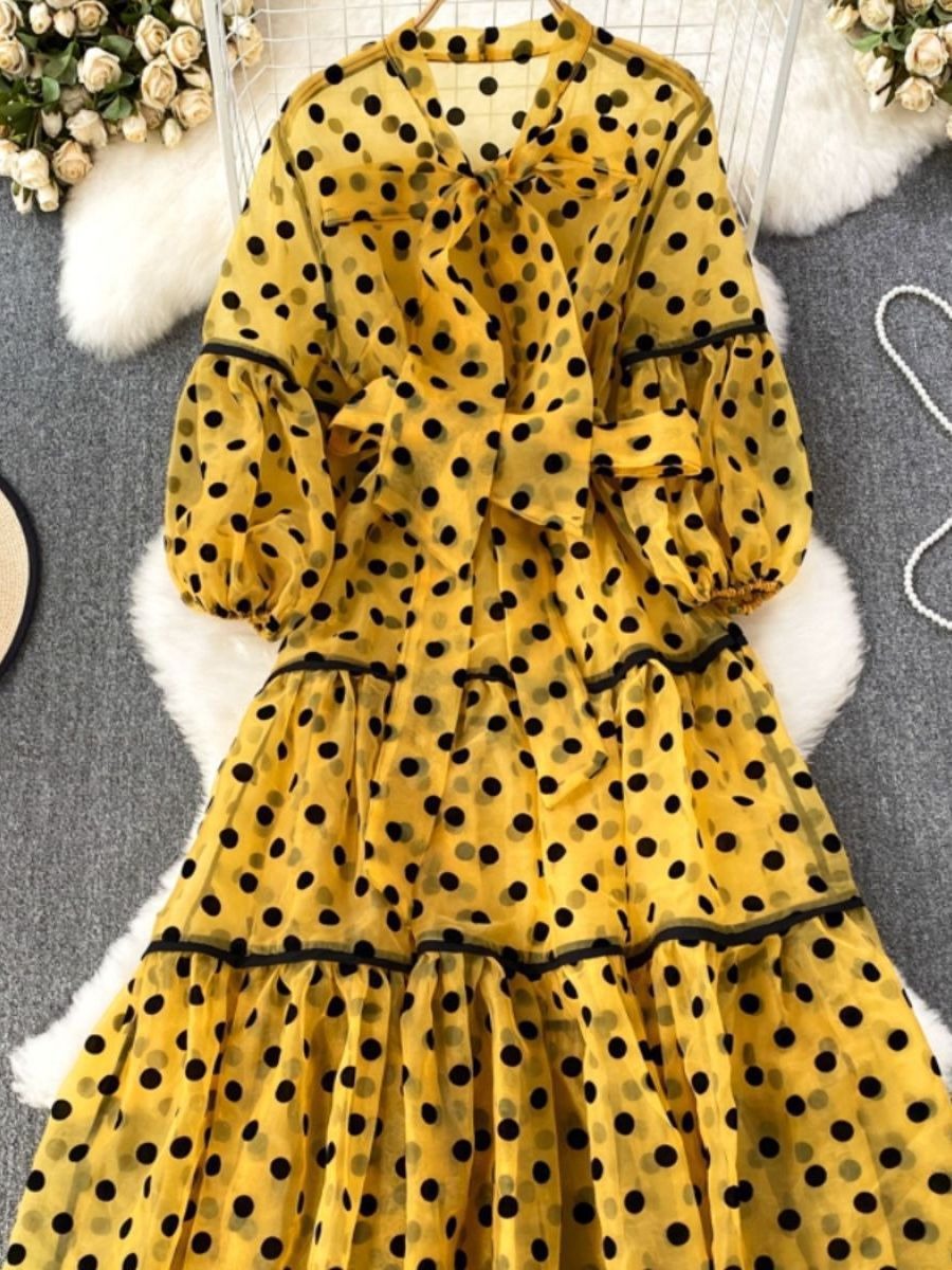 Polka Dot Two Piece Sets For Women Pullover Vest Bow Collar Lantern Sleeve Tunic Dress Casual Set Female Clothing - KAISERINC