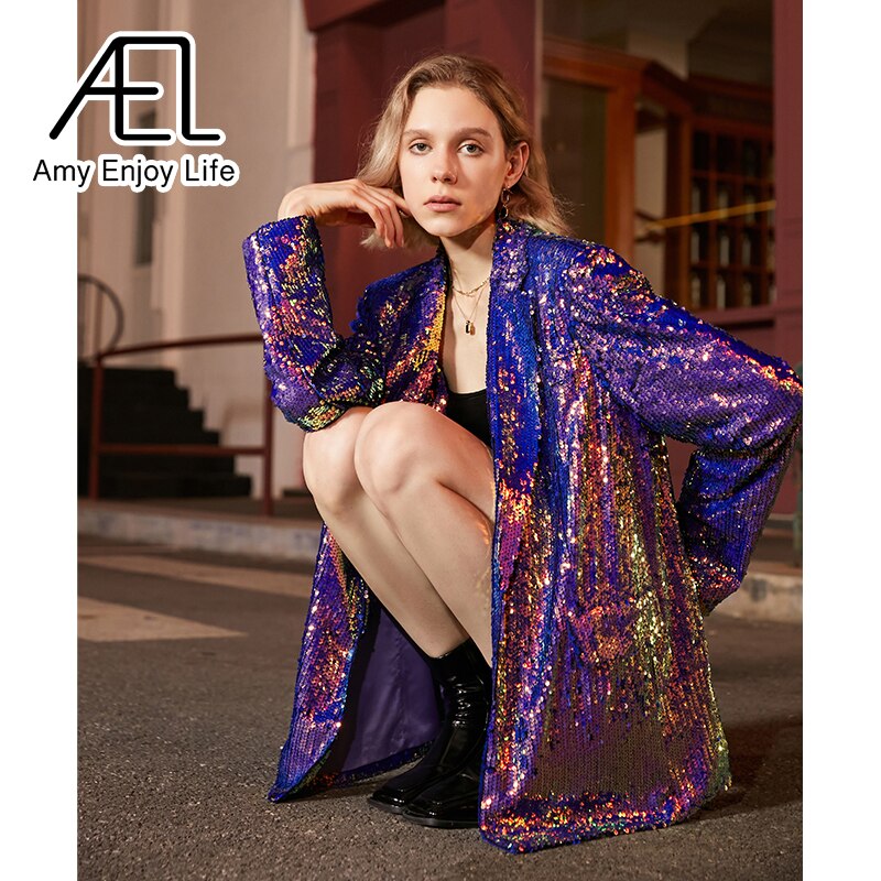 AEL Blue Glitter Gradient Blazer Woman Jacket Coat Fashion Loose Casual Spring Ladies Streetwear New - KAISERINC