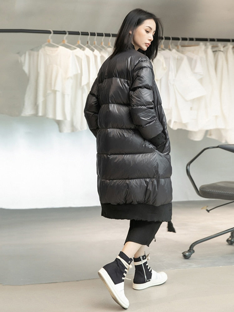 Loose Fit Black Spliced Down Jacket New V-neck Long Sleeve Warm Women Parkas Fashion for Autumn Winter - KAISERINC