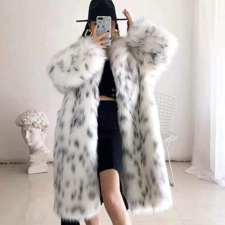 Fashion Fluffy Warm Faux Fur Jacket Women Lapel Long Elegant White Leopard Faux Mink Fur Coat Jackets - KAISERINC