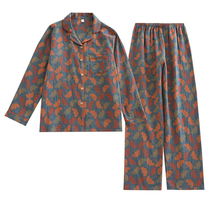 spring and summer women's pajamas suit long-sleeved trousers two-piece 100% cotton crepe flower leaves home clothes - KAISERINC