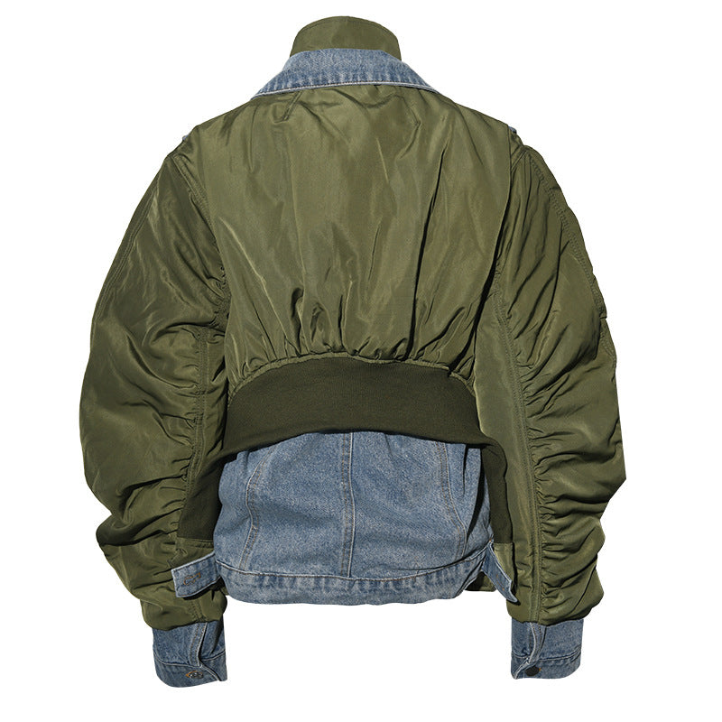 Winter New Irregular Contrast Color Washed Denim Stitching Stand-Collar Jacket Coat Cotton Padded Clothes - KAISERINC