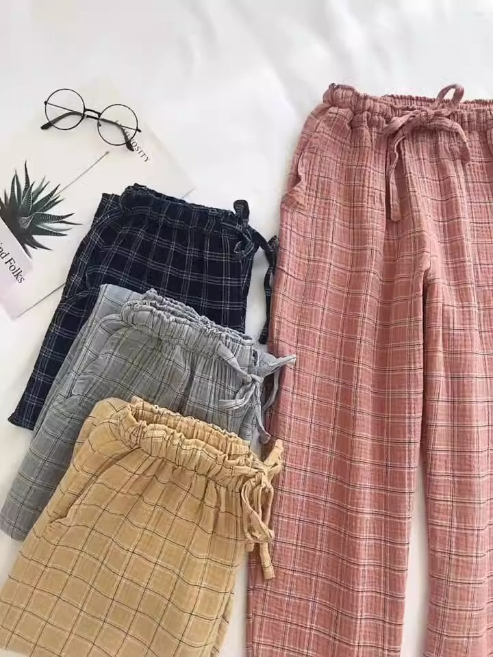 New Couple Crepe Plaid Home Pants Men's and Women's Large Sleeping Pants Simple Style Casual Pants Cotton Yarn Four Seasons Pants - KAISERINC