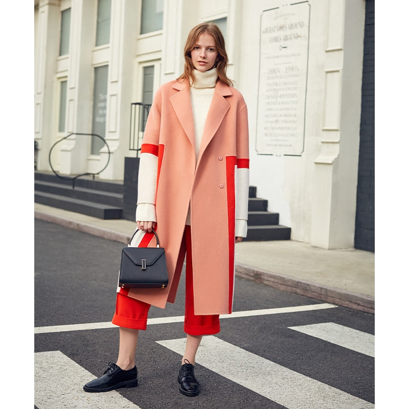 Show High Stitching Collision Color Niche Design Sense Double-Sided Wool Long Coat Female Winter - KAISERINC