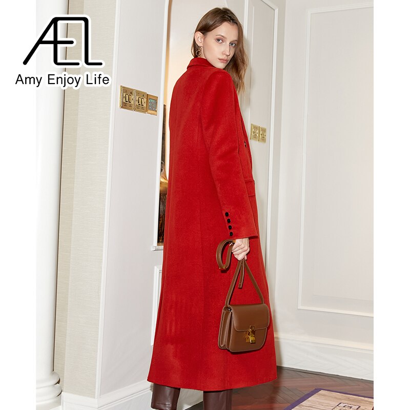 Red Double Breasted Vintage Loose Long Suit Woolen Coat - KAISERINC