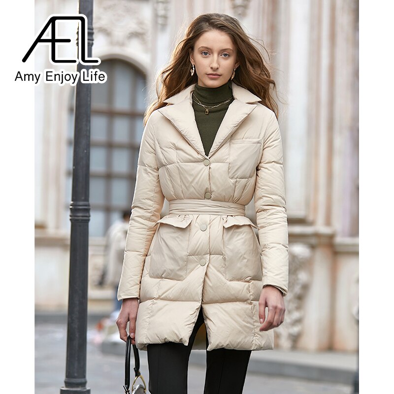 Medium Length Temperament Slim Down Jacket Women's New Suit Collar Waist Cotton Jacket - KAISERINC