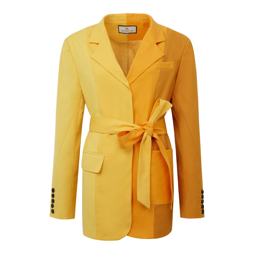 AEL Yellow Blazer Jacket Causal Women Long-Sleeve Loose Coat Color Blocking Fashion Streetwear - KAISERINC