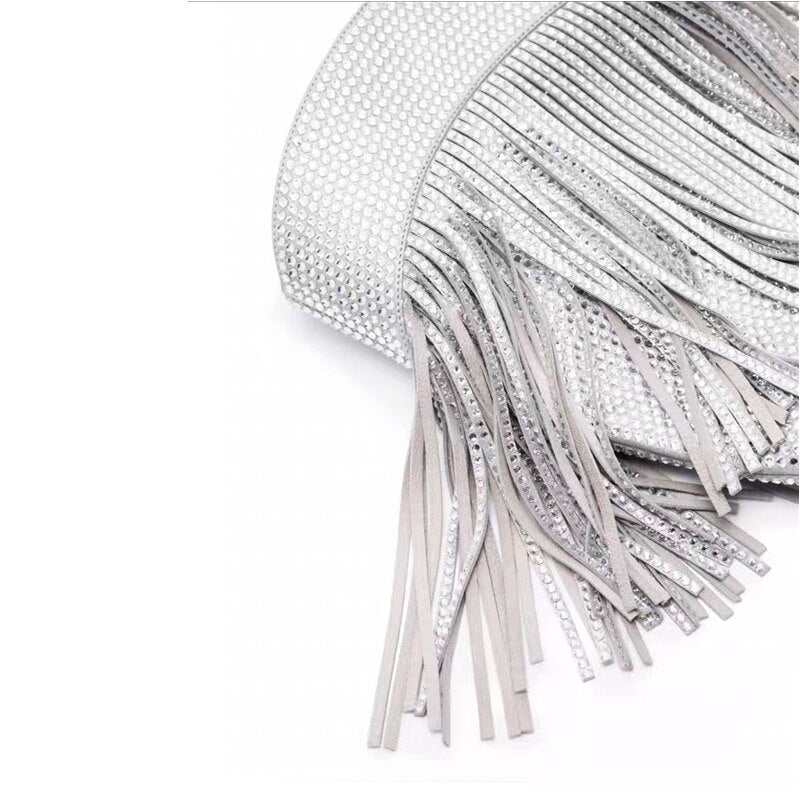 Autumn New Women's Pointed Toe Rhinestone Boots Silver Tassel Stiletto Suede Boots Black Super High Heels 34-43 Size - KAISERINC