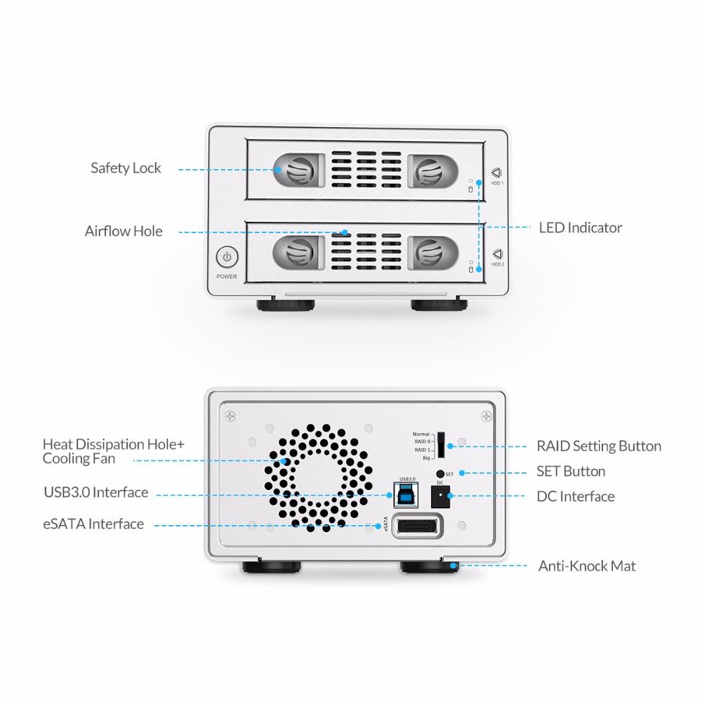 ORICO 3.5 2bay HDD Case box 16 TB Aluminum SATA2.0 USB 3.0 & eSATA HDD External Docking Station box RAID Function HDD Enclosure - KAISERINC