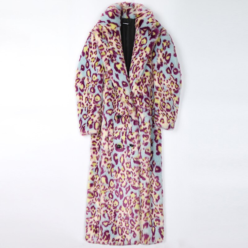 Nerazzurri Winter Extra Long Colorful Warm Thick Fluffy Leopard Print Faux Fur Trench Coat for Women Runway European Fashion - KAISERINC