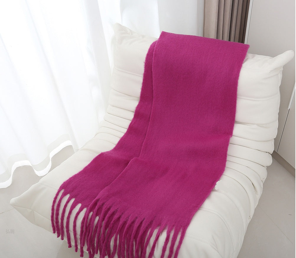 Mohair solid color scarf for women winter warm scarf macaron color thick braid tassel shawl - KAISERINC