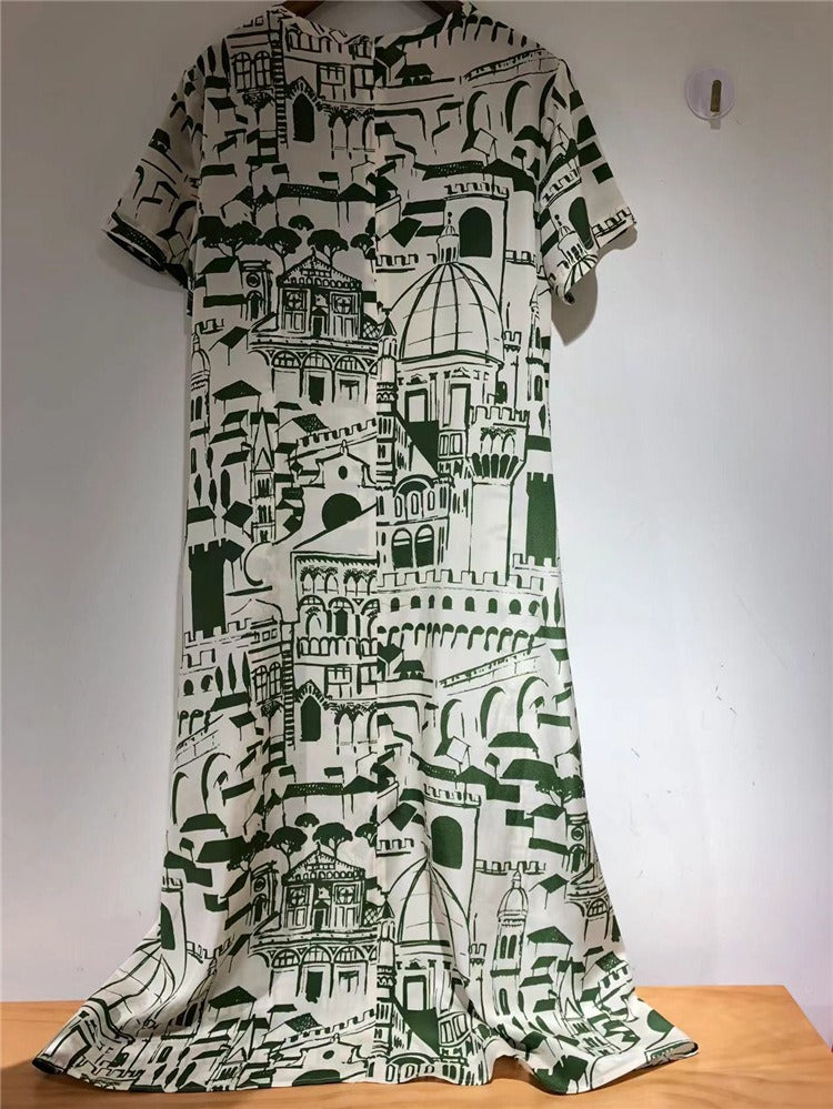 Women Vintage Architecture Print Short Sleeve Silk A-Line Dress - KAISERINC