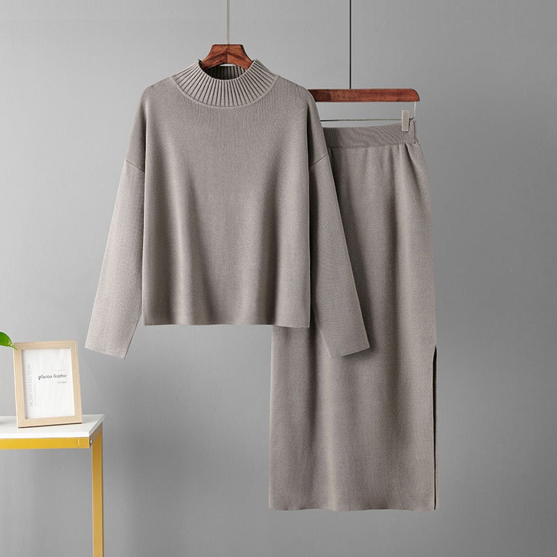 2 Pieces Knit Sets Women Maxi Skirt Tracksuits Winter Warm Turtleneck Sweater + Long Midi Straight Skirt Two Pieces Sets - KAISERINC