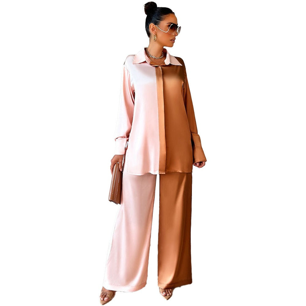 Elegant Satin Women's Matching 2 Piece Sets Casual Long Sleeve Panelled Shirt Pants Suit - KAISERINC