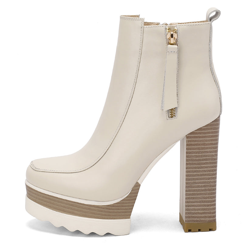 Autumn And Winter High Heels Thick Heel New Women's Boots Thick-Soled Waterproof Platform Short Boots Beige Bare Boots 13cm - KAISERINC