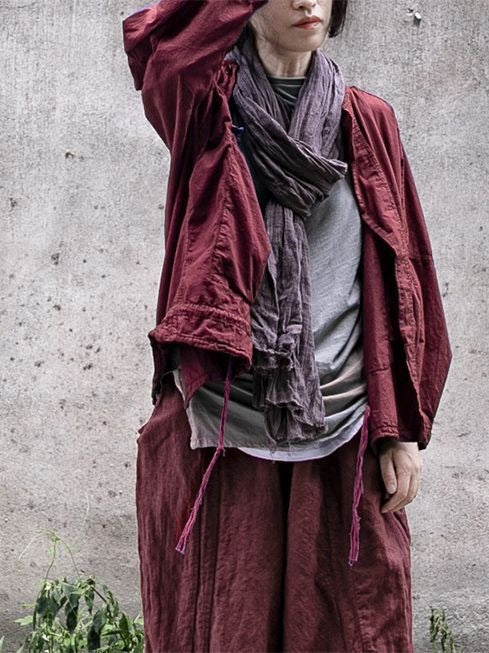 Artistic large pocket drawstring lace up short windbreaker High density cotton casual short jacket - KAISERINC