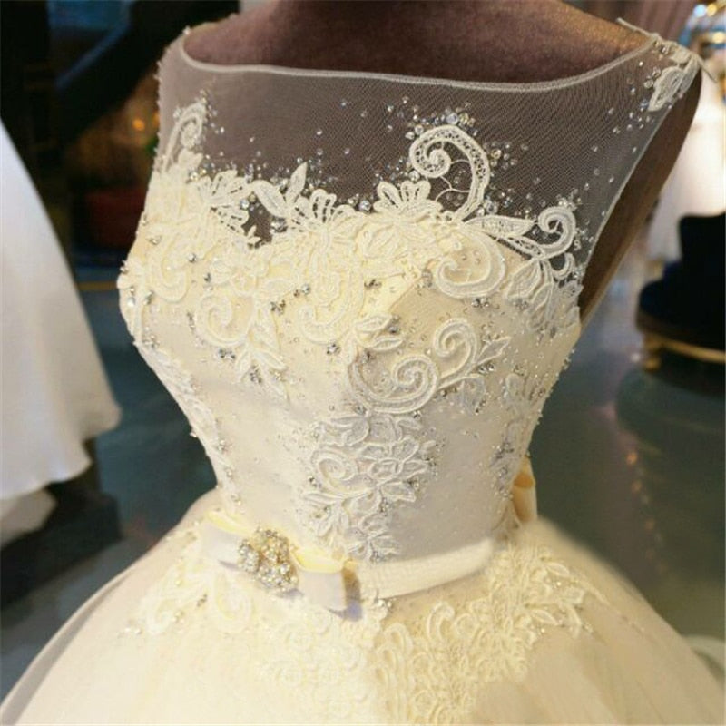 Lace Floor-Length Ball Gown Wedding dress Chapel Train Lace up Beading Bridal Gown - KAISERINC