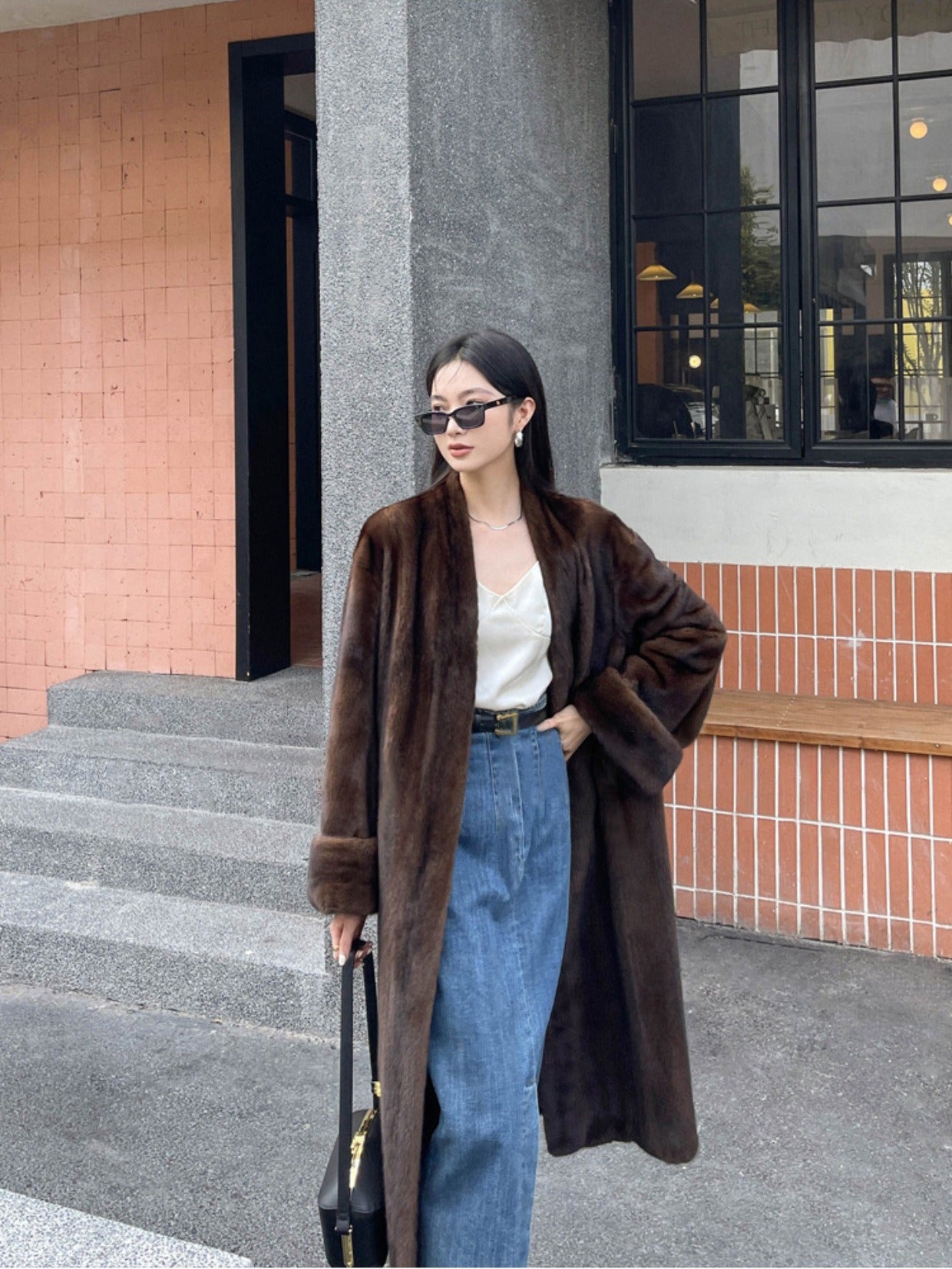 Winter Long Vintage Elegant Luxury Chic Thick Warm Soft Brown Fluffy Faux Mink Fur Coat Women V Neck - KAISERINC