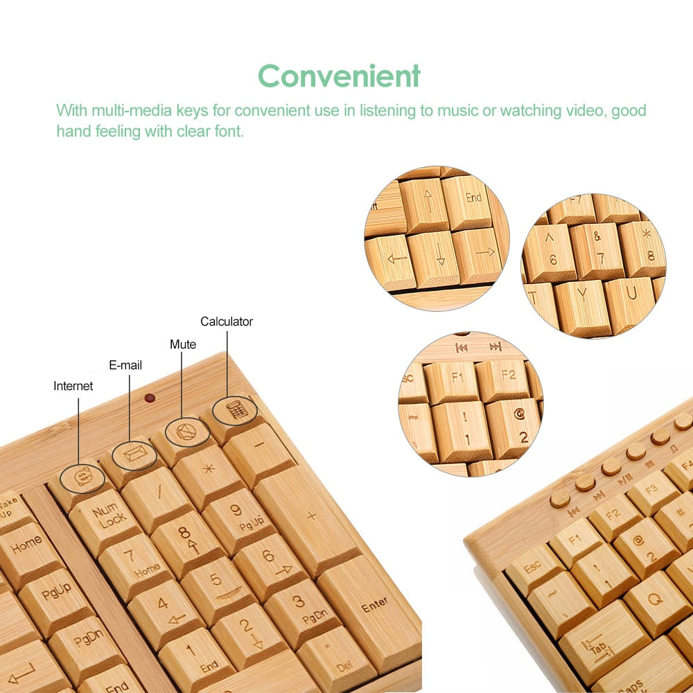 2.4G Wireless Bamboo PC Keyboard and Mouse Combo Combos Computer Keyboard Mice Office Handcrafted Natural Wooden Plug and Play - KAISERINC