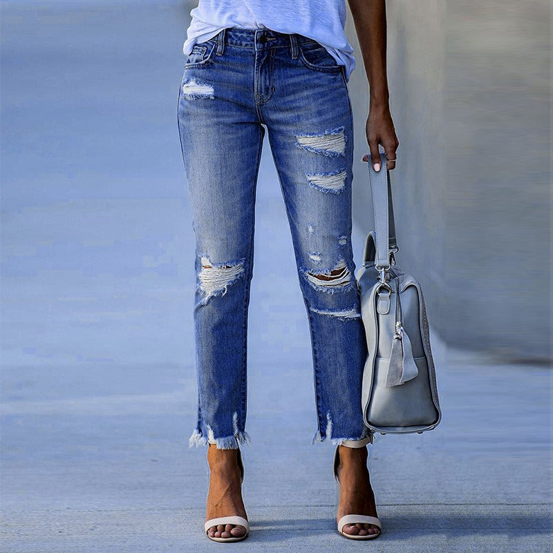 New Pencil Pants Ripped Slim Fit High Waist Vintage Streetwear Casual Fashion Stretch Blue Jeans Woman - KAISERINC