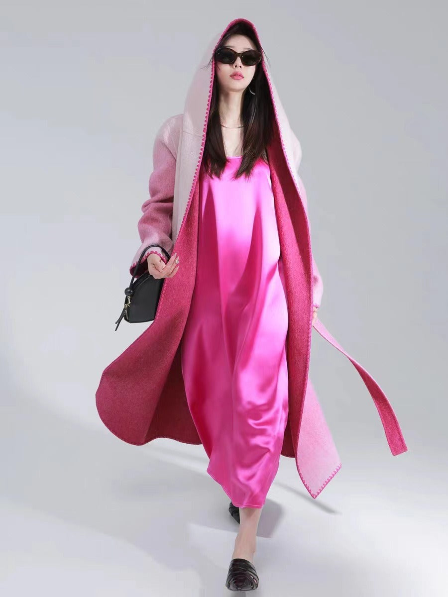 Fashion Women's Woolen Coat Hooded Buttonless Lace-up Straight Two-sided Gradient Mid-calf Overcoat - KAISERINC