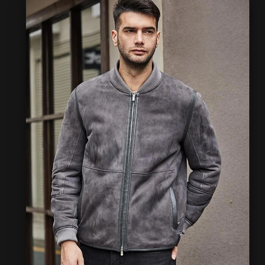 Denny&Dora Mens Baseball Collar Shearling Jacket Suede Shearling Jacket Men Grey Short Sheepskin Coat For Men