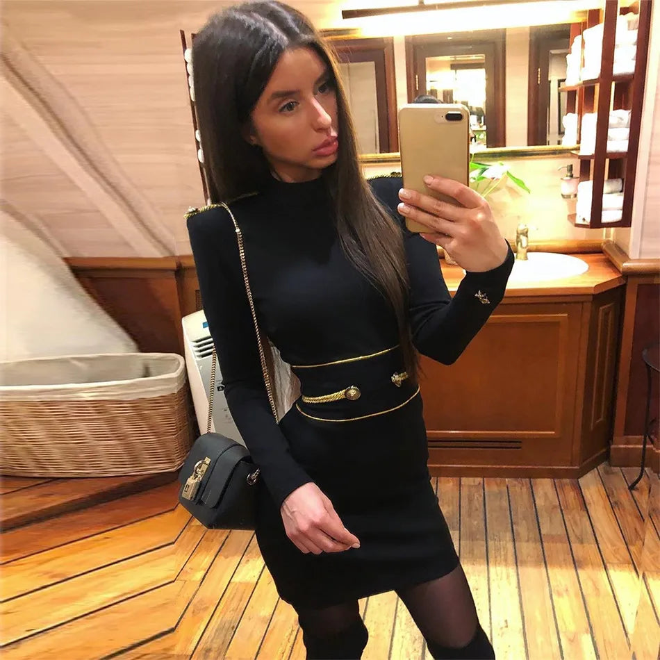 Hashupha 2022 Summer Black Mini Bandage Dress Women's Button Long Sleeve O Neck Bodycon Sexy Elegant Club Evening Party Dresses