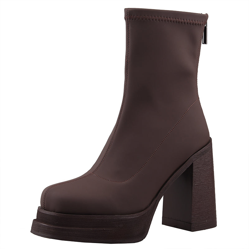 Elastic Slim Boots Thick Heel Short Boots Women's New High Heel Shoes Autumn Winter Thick Sole Square Head Women's Boots - KAISERINC