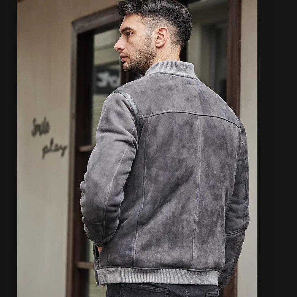 Denny&Dora Mens Baseball Collar Shearling Jacket Suede Shearling Jacket Men Grey Short Sheepskin Coat For Men