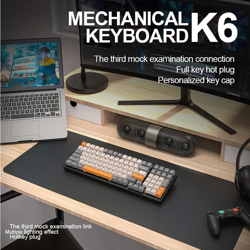 K6 Mechanical Keyboard Wireless 5.0 BT 2.4 Ghz Wired Three Modes Backlit Bluetooth Gamer Keyboard 100 Keys Keycaps Pc Gamer - KAISERINC