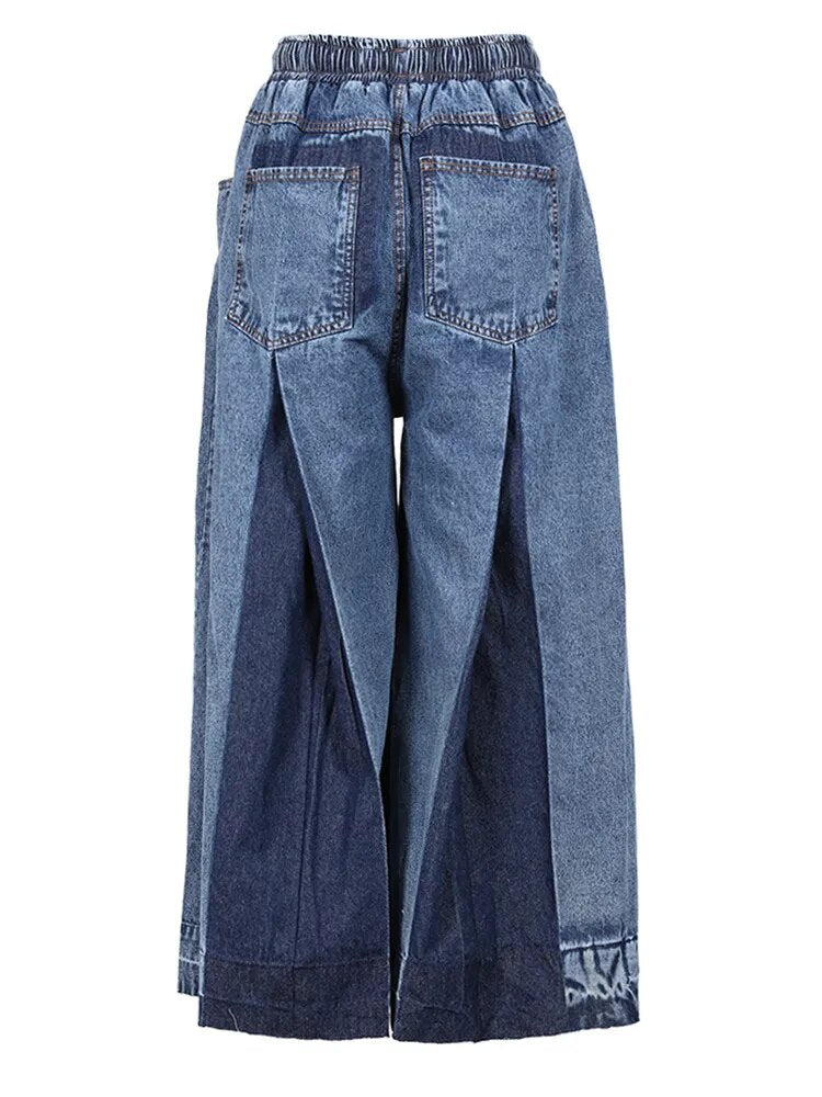 Navy Blue Denim Color-block Wide Leg Jeans High Waist New Loose Women Trousers Fashion Tide Spring Autumn