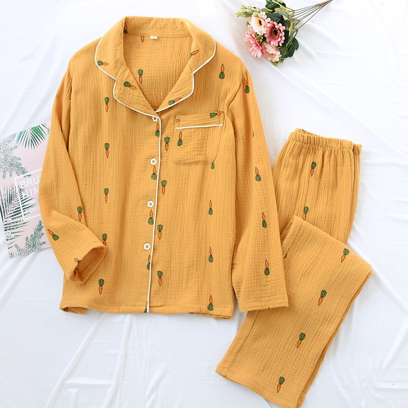 Women Cotton Pajama Sets Carrot Print Pattern Long Sleeve Shirt+trousers Soft Sleepwear Set Nightie Home Clothes Autumn - KAISERINC