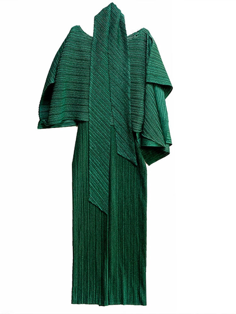 Two Pieces Pleated Skirt Set For Women Batwing Sleeves Loose Top With Long Length Skirts Female Elegant Clothing - KAISERINC