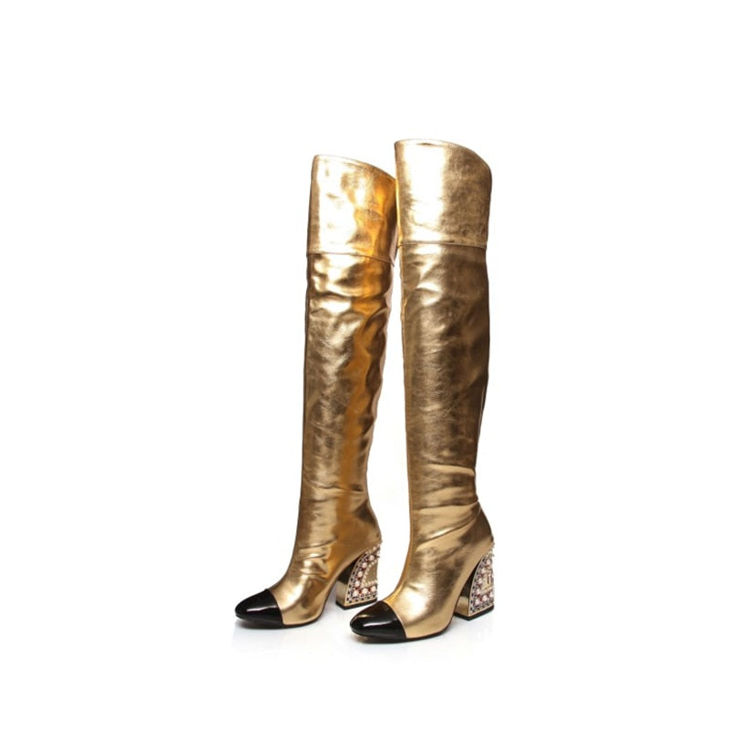 Fashion Sexy Women Pointed-Toe Boots Catwalk Style With Pearl Pattern Shaped Heel Over-The-Knee Large Size Shoes Party High Boot - KAISERINC