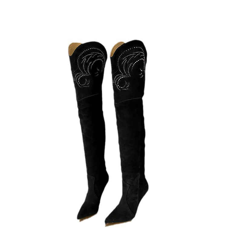 Wedge Heel Over The Knee Boots Suede Leather Pointed Toe Embroidery Long Boots Winter Women's Dress Shoes - KAISERINC