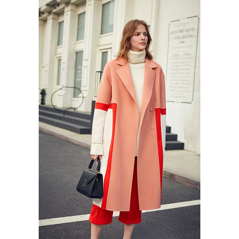Show High Stitching Collision Color Niche Design Sense Double-Sided Wool Long Coat Female Winter - KAISERINC