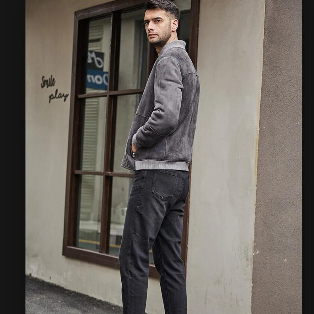 Denny&Dora Mens Baseball Collar Shearling Jacket Suede Shearling Jacket Men Grey Short Sheepskin Coat For Men