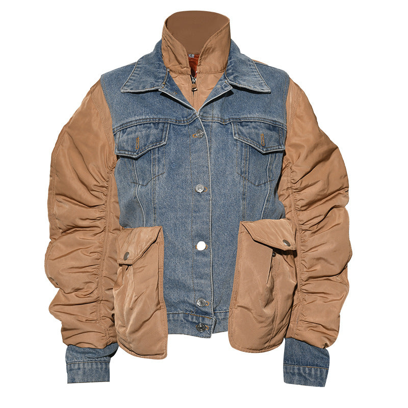 Winter New Irregular Contrast Color Washed Denim Stitching Stand-Collar Jacket Coat Cotton Padded Clothes - KAISERINC