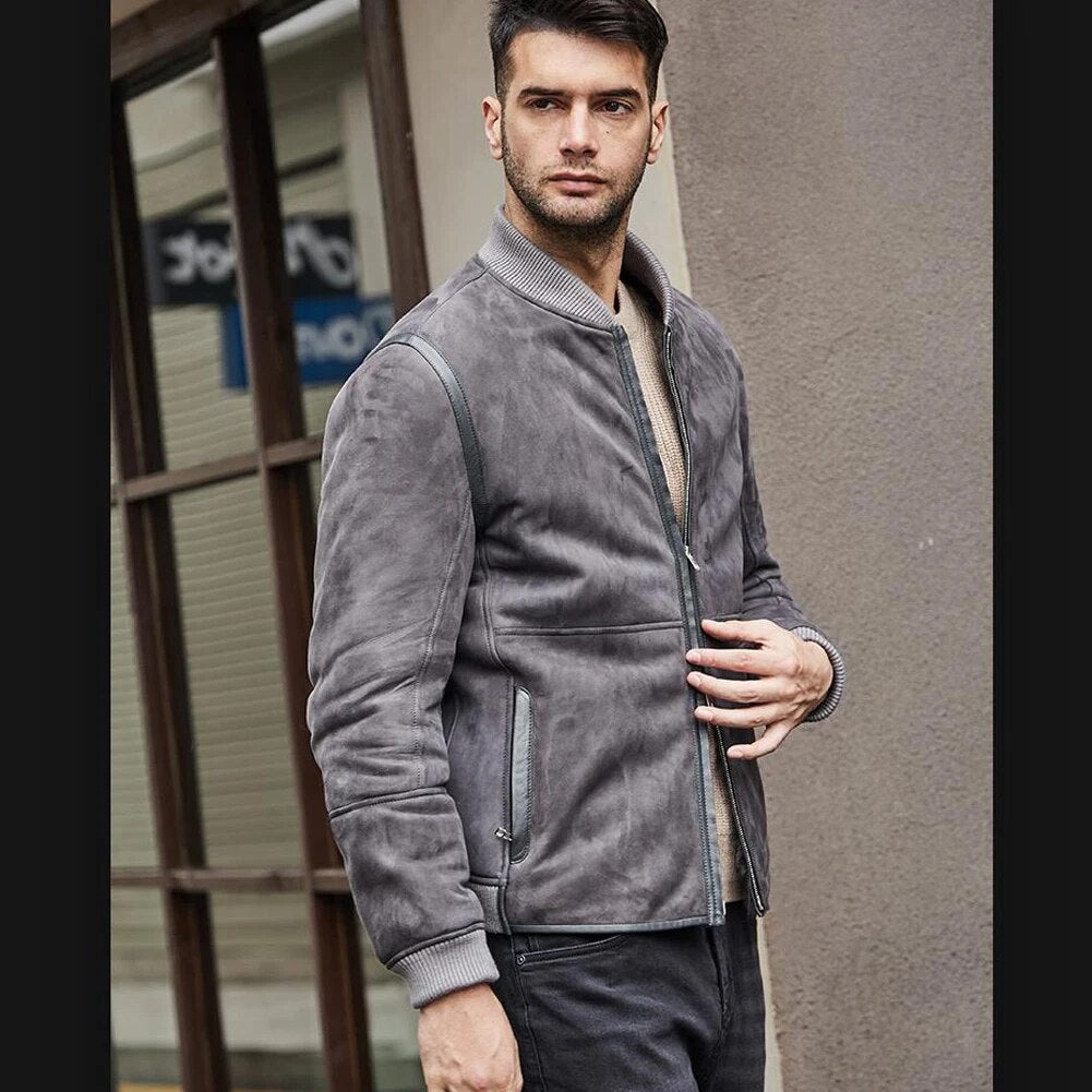 Denny&Dora Mens Baseball Collar Shearling Jacket Suede Shearling Jacket Men Grey Short Sheepskin Coat For Men