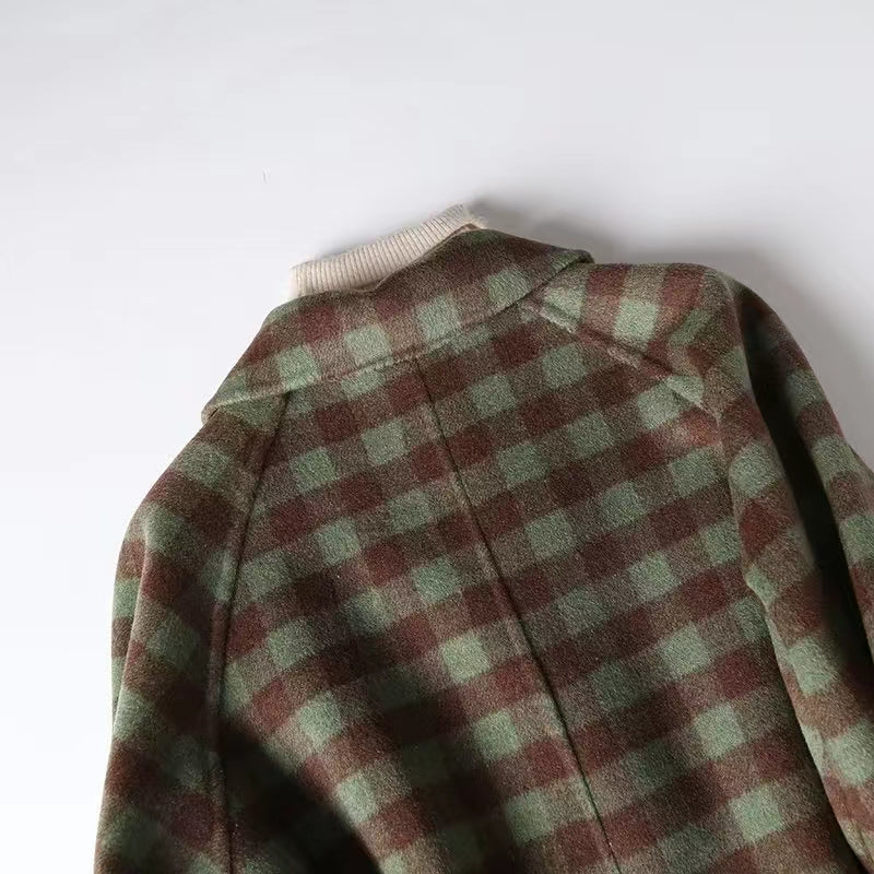Autumn New Monochrome Card Green Plaid Lace Double-Sided Woolen Women's Long Coat - KAISERINC
