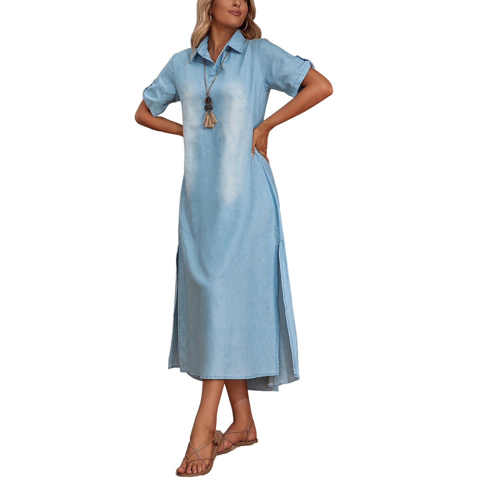 Casual Women Loose Dress Lapel Vintage Summer Side Slitting Hem Loose Long Denim Dress - KAISERINC