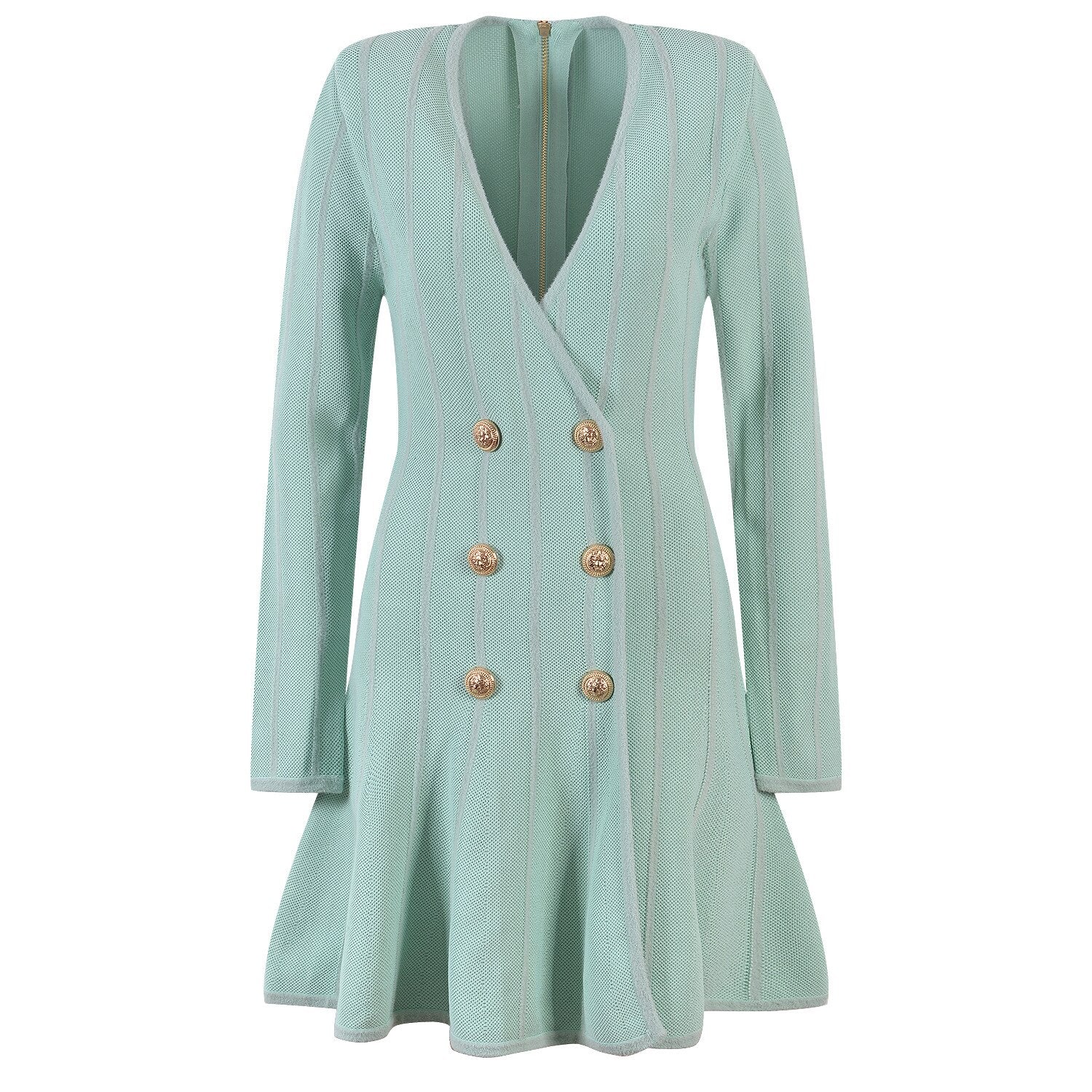 Euorpean Stylish Women Luxury Design V-neck Long Slevee Fall Lady Knit A-line Dress - KAISERINC