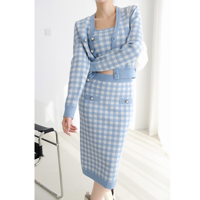 Fashion Top Quality 3 Piece Sweater Set Women Clothing Plaid Pattern 3 Colors Knitting Suit for Lady